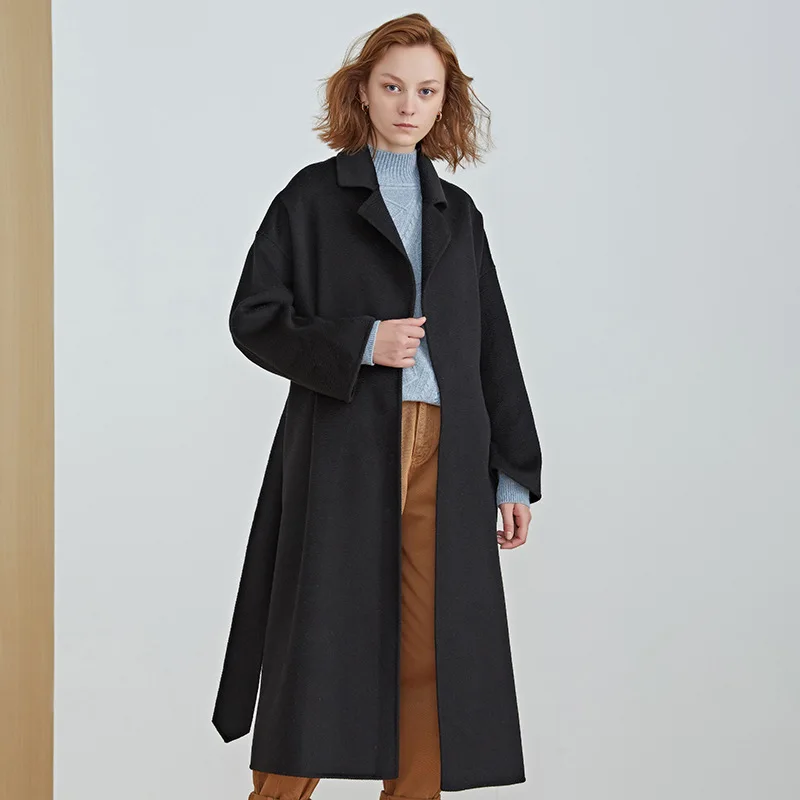 

2020 autumn and winter water ripple cashmere lapel tie double-sided woolen long wool coat women coat