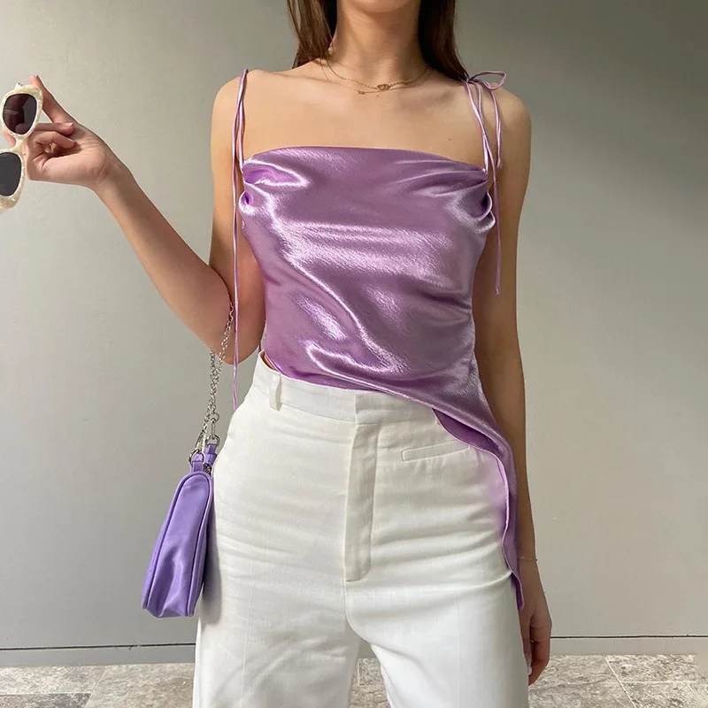 

SEASONS Irregular Satin Sleeveless Cami Top Tie Up Casual Skinny Spaghetti Strap Tops Tees Women Summer High Street ASVE81380