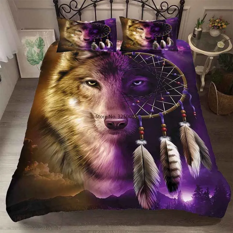 

Hot sell euro bedding set duvet cover and pillowcase luxury bedding set wolf animal feather dreamcatcher comforter set