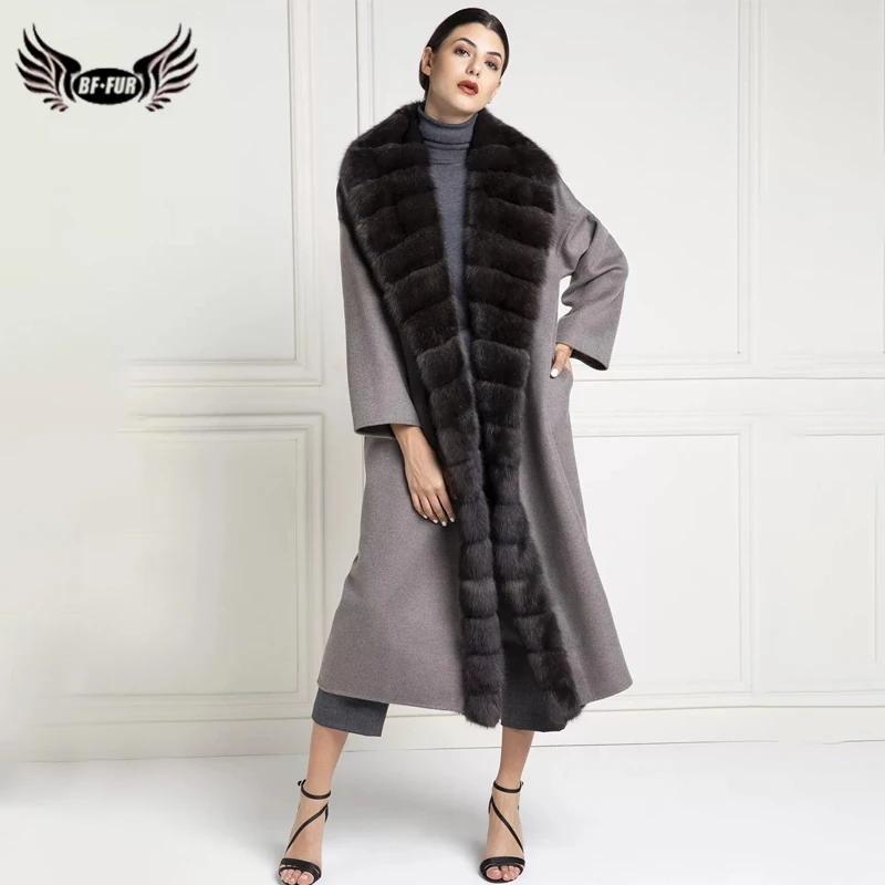 Фото Женская шуба из натурального меха норки BFFUR Длинная шерстяная куртка с поясом