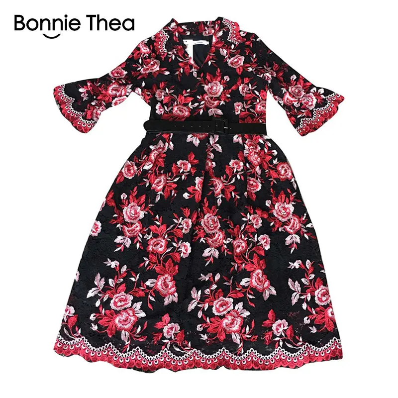 

Bonnie Thea women European and American popular Lace Embroidery Flower V-neck waist A-line dress for women