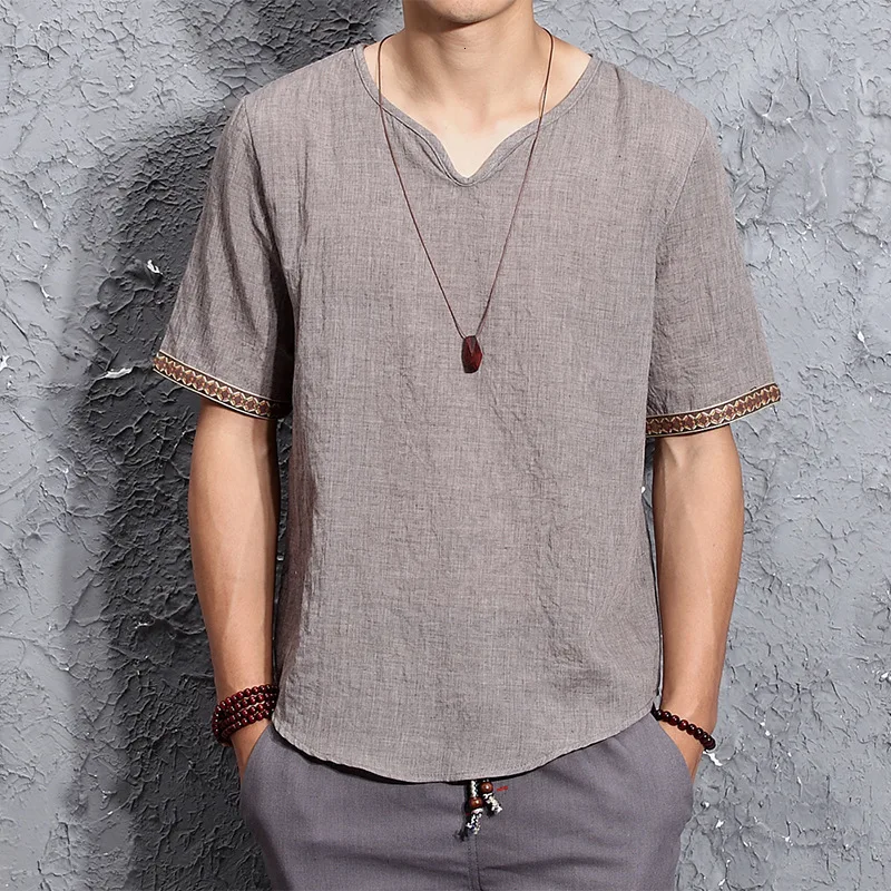 Традиционная китайская одежда для мужчин костюм Тан хлопковая льняная футболка