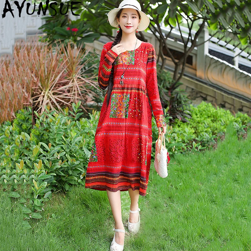 Платье AYUNSUE женское пляжное с цветочным принтом винтажное льняное в стиле бохо