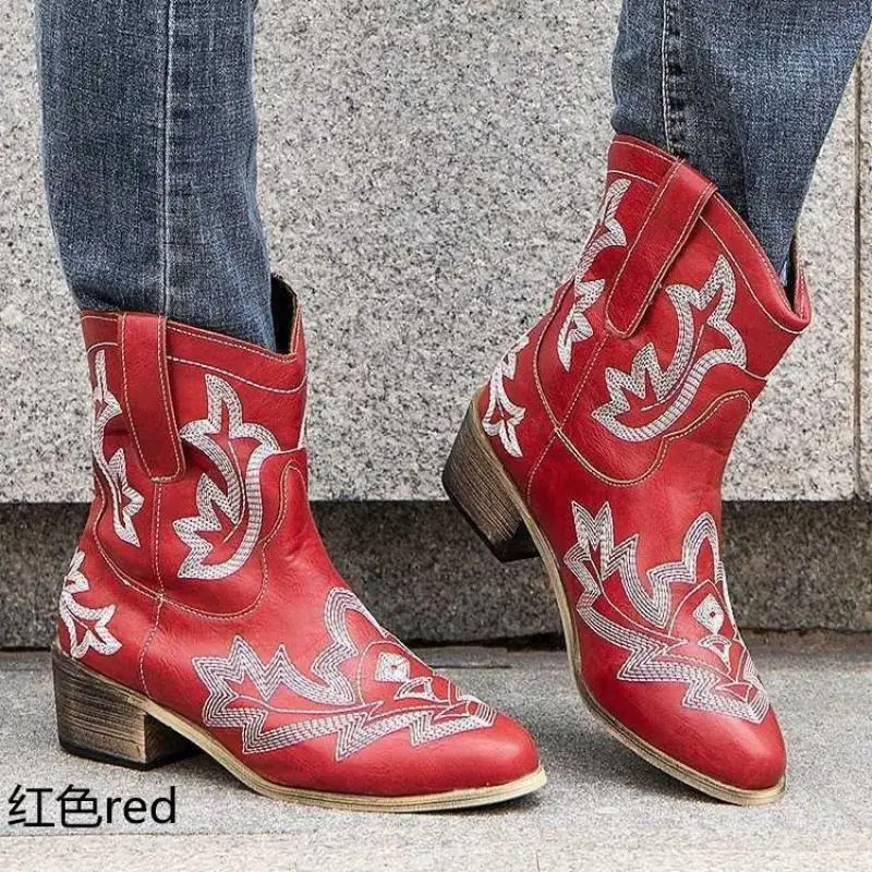 

Fashion western cowboy boots mid-tube knight retro roman pull-on low-heel leather shoes embroidered ankle boots plus size 35-43