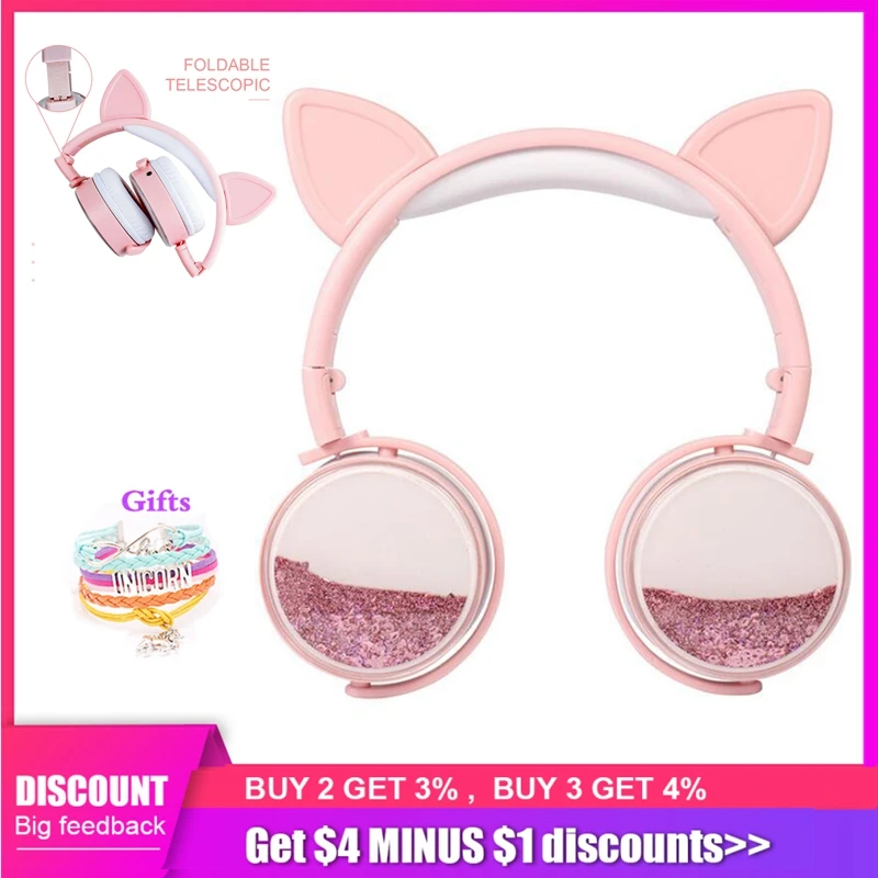 Милые детские наушники с кошачьими ушками и микрофоном мультяшным рисунком