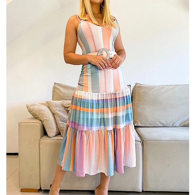 

Женское длинное платье в полоску, Летнее шелковое платье молочного цвета с V-образным вырезом, завышенной талией и принтом, облегающее плать...