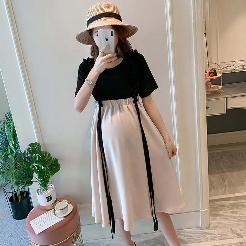 

Pregnancy Clothes Dress Thin T-shirt +skirt Outwear Two Sets Strap Pragnancy Dresses Slips Dress Cotton Maternity Clothes