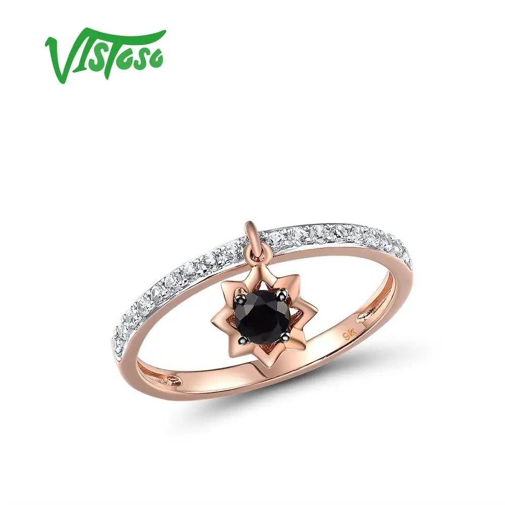 VISTOSO подлинное кольцо из розового золота 9K 375 черный сапфир и Белый для леди