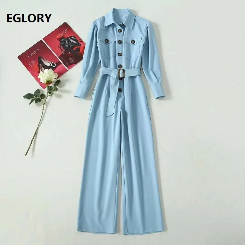 Jumpsuits & Rompers 2020 Autumn Fashion Style Women Turn-down Collar Chest Pocket Button Deco Long Sleeve CasualBlue Jumpsuits