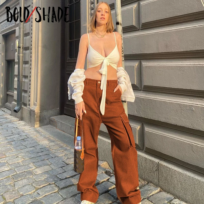 

Bold Shade Streetwear Indie Clothes Aesthetic Jeans Solid High Waist Loose Pockets Straight Denim Jeans y2k Retro Style Bottoms