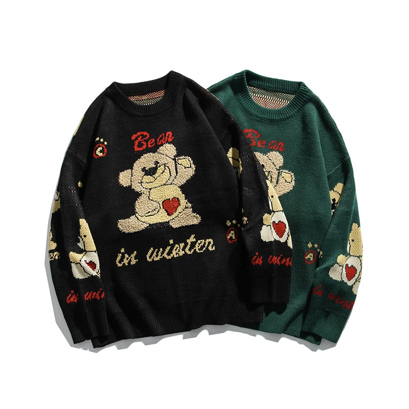 Japanese Harajuku Cute Knitted Heart Bear Sweater for Women and Men Oversized Kawaii Graphic Cartoon Pullover Jumper | Женская одежда