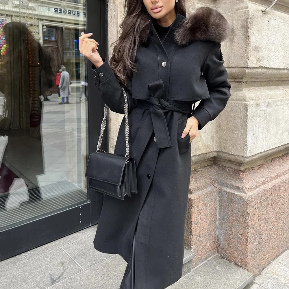 

Women Fashion Autumn Winter Black Long Coat Fur Lapel Belt Pocket Overcoat Office Lady Solid Trench Casual Outwear Wool Blends