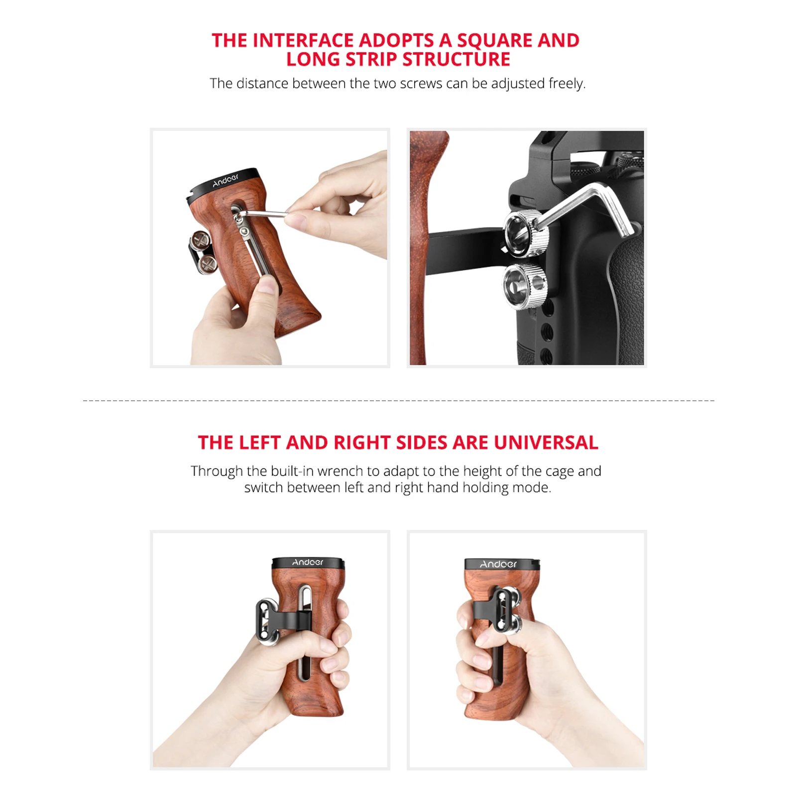 Andoer Универсальный деревянный держатель для камеры левая/правая рукоятка с