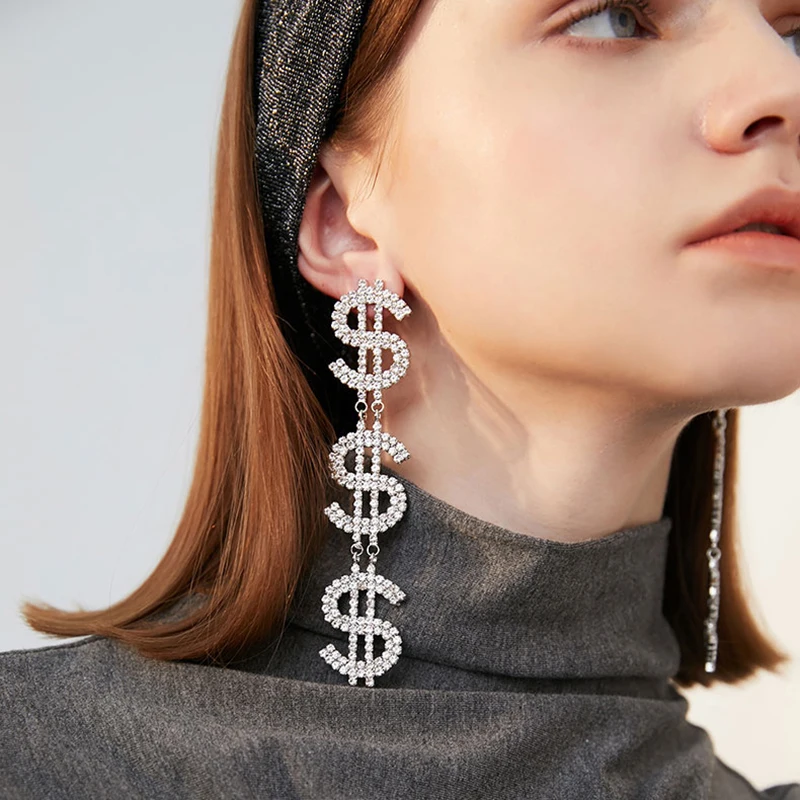 Женские серьги с подвесками золотистые серебристые долларовые черные пятничные