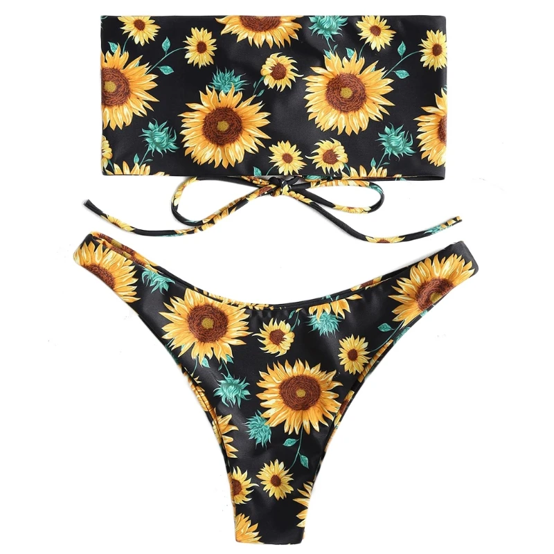 

Women Sexy 2pcs Print Bikini Set Strapless Back Lace-Up Bandeau Thong Swimsuit