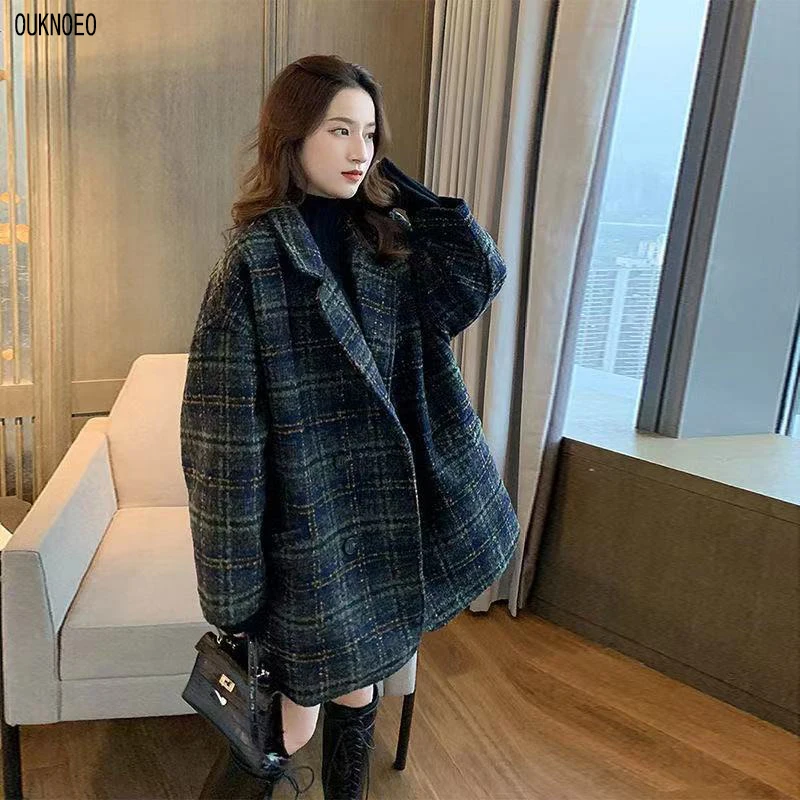 

Woman Thick Coat Loose Plaid Striped Woolen Coat Korean Preppy Style Streetwear Commuter 2021 Fashion Winter Warmth Women Coat