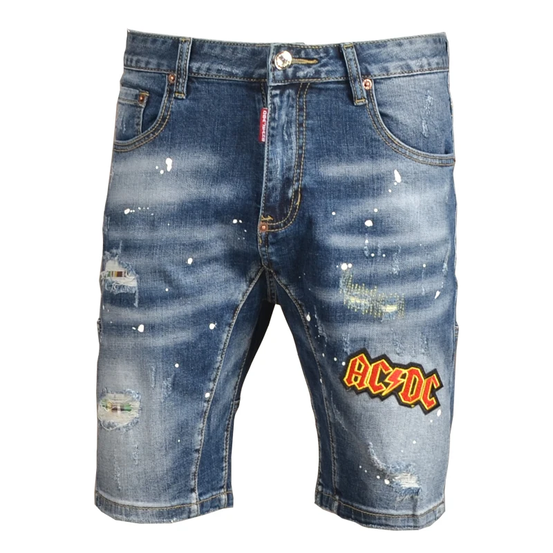 Summer Men Blue Ripped Patches Denim Shorts Fashion Casual Letter Embroidery Short Jeans