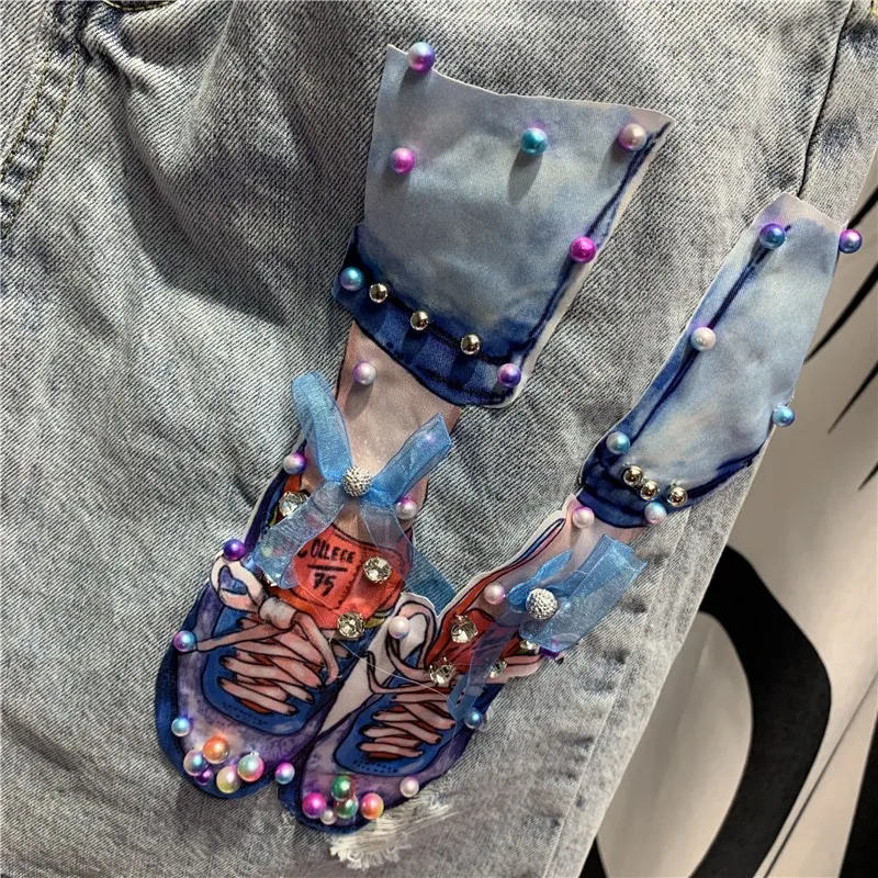 Женские джинсовые трапециевидные юбки с высокой талией и вышивкой украшенные