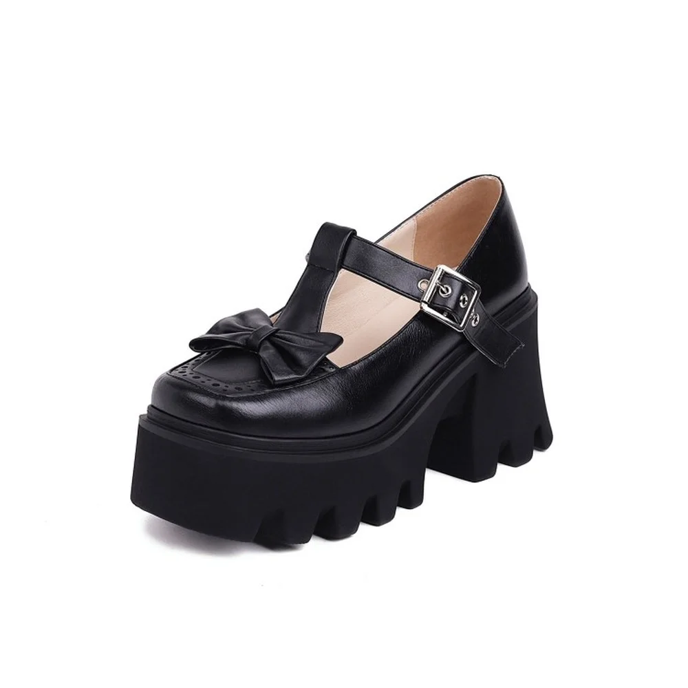 

Womens Platform BowKnot Creepers Chunky High Heel Oxfords Shoes Punk Retro British Styles Black Harajuku 2022