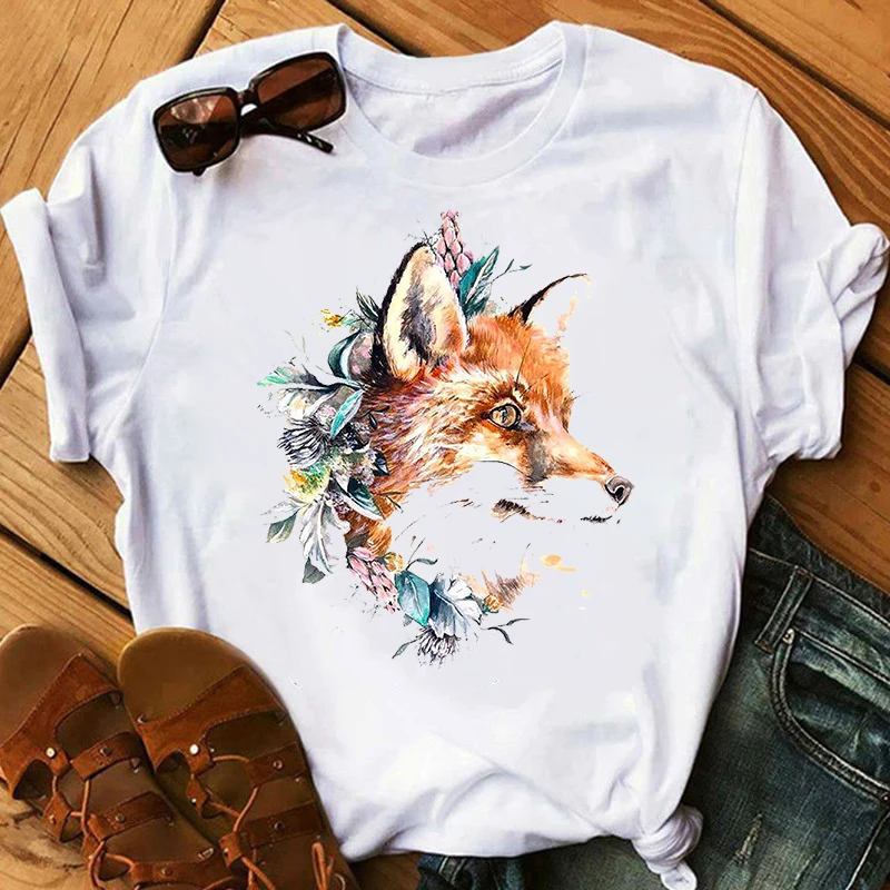 

Fashion T-shirts Colorful fox printed T shirts Women Summer Girls tees Cute streetwear Funny white T-Shirt dropshipping