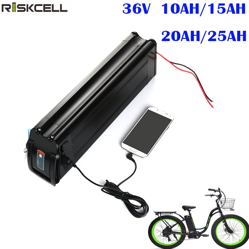 

No Tax To EU Electric Bike Silver Fish Style Battery 36v 15ah 20ah 25ah 18650 USB Li-ion Pack for 36 Volt bafang 8fun 500w motor