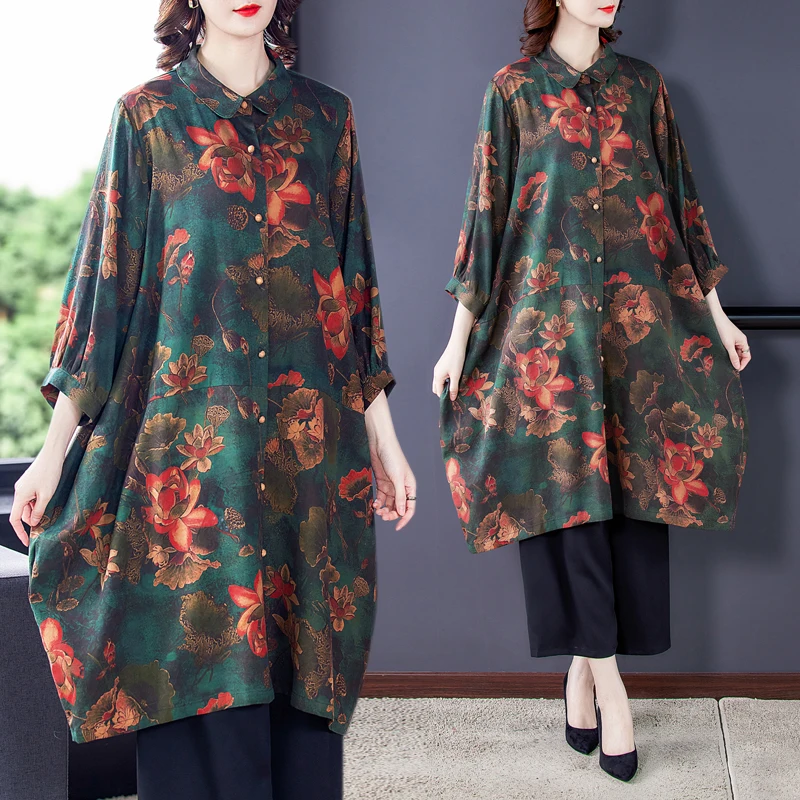 

Women Dress Autumn 2021 Office Lady Fashion Casual Print Silk Loose Single Breasted Stand Neck Design And Color Dresses Traf