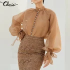 Стильные женские блузки Celmia, сексуальные прозрачные сетчатые топы, прозрачные женские пуговицы с длинным рукавом для рубашек, повседневные блузки