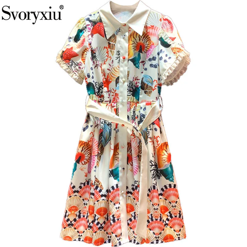 

Svoryxiu Fashion Designer Summer Dress Women's Elegant Short Sleeve Shell Print Single-Breasted High End Dress Vestdios 2020