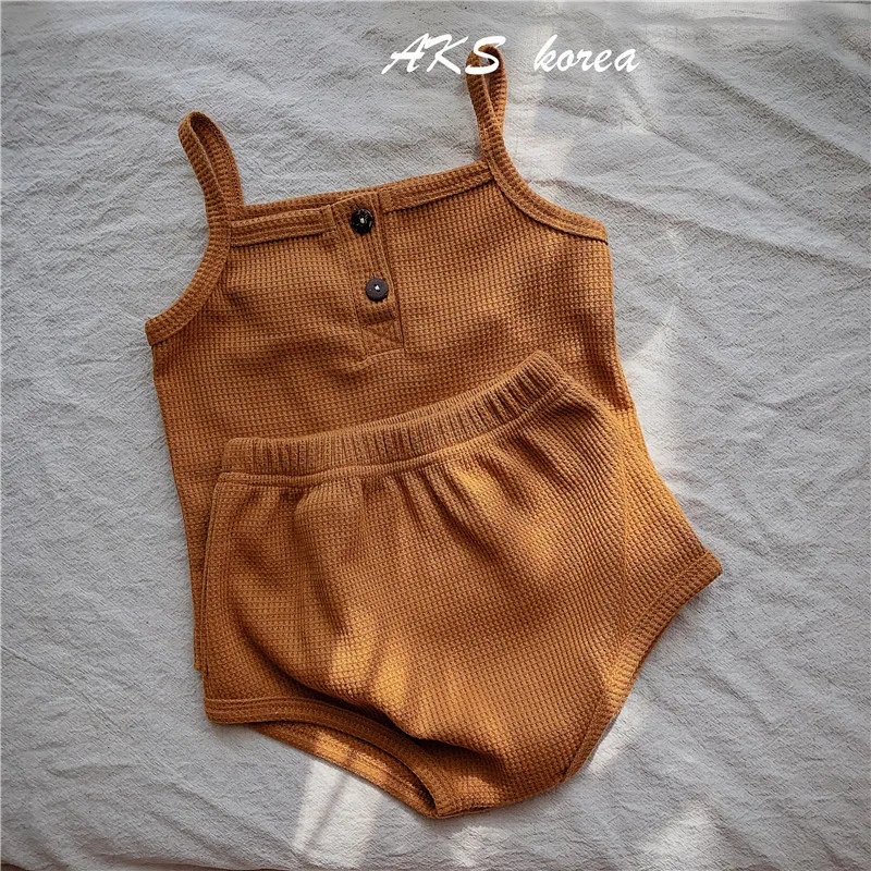 

2021 Newborn Infant Baby Boy Girl Summer New Solid Sleeveless Camisole + Toddler Kids Fashion Bread Pants 2pcs Clothes Set