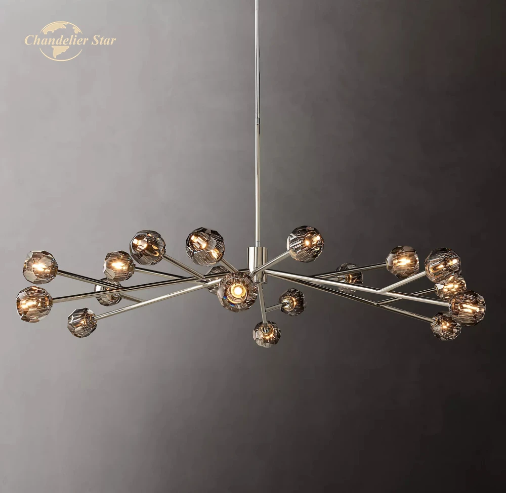 

Boule De Cristal Smoke Round Chandeliers Modern LED Brass Chrome Black Metal Indoor Lights Bedroom Dining Room Lamps Lustre