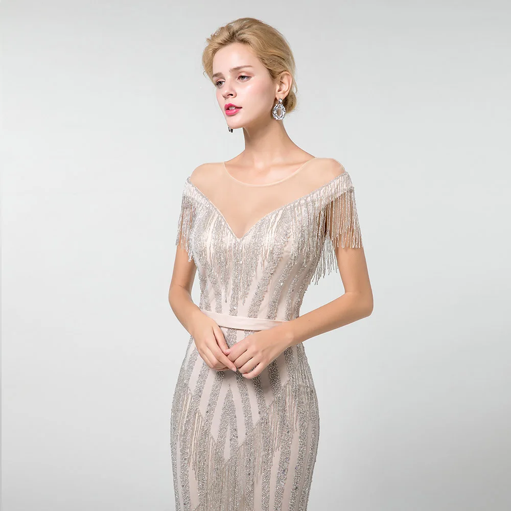 YQLNNE Обнаженная Русалка Вечернее Платье Иллюзия Тюль Бисероплетение кисточкой