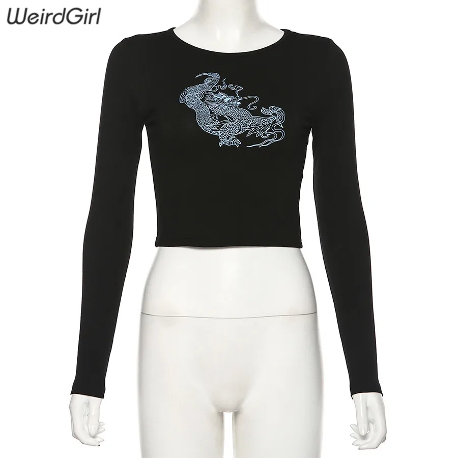 Weirdgirl, женские футболки с принтом дракона, модные, с круглым вырезом, с длинным рукавом, тонкие, Harajuku, женские топы, Новое поступление, Осенние футболки