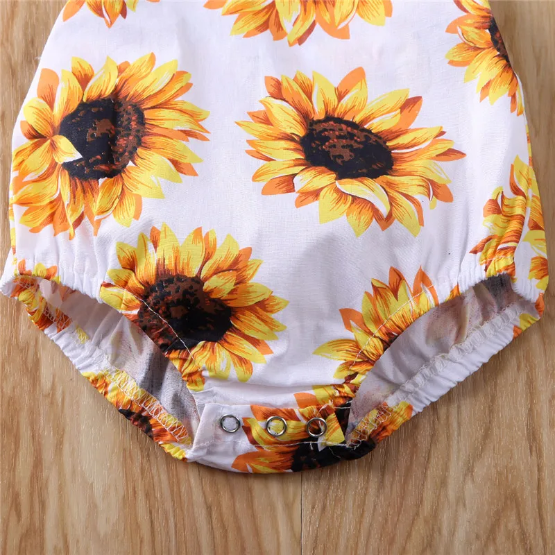 

Summer Cute Sunflower Bodysuit for Newborn Infant Baby Girl Floral Jumpsuit Headband One Pieces Clothes Outfit