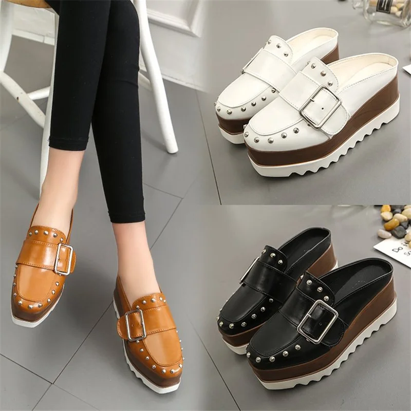 

No Heel Lazy Thick-Soled Half-Toe Slippers Women 2021 New Korean Style Summer Fashion Outer Wear Wedges with Square Buckle