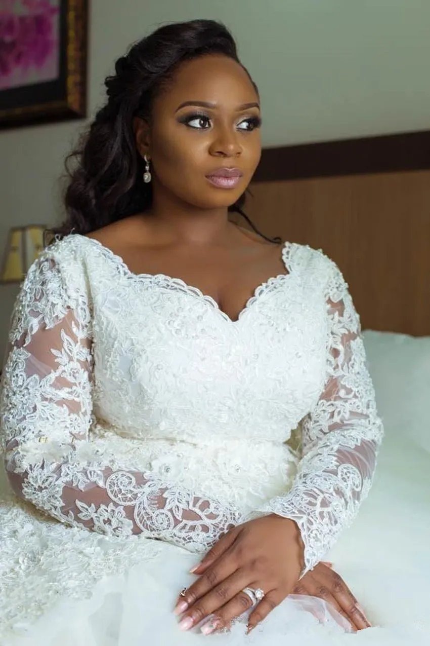 plus size wedding dress With Long Sleeve Lace Appliuqes White Tulle Exquisite mariage Bride Dress Wedding Gowns vestido de noiva | Свадьбы и
