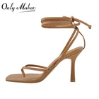 Женские босоножки Onlymaker на шнуровке с квадратным носком, матовые коричневые шлепанцы на высоком каблуке-шпильке с ремешком на щиколотке для лета, модная выразительная обувь