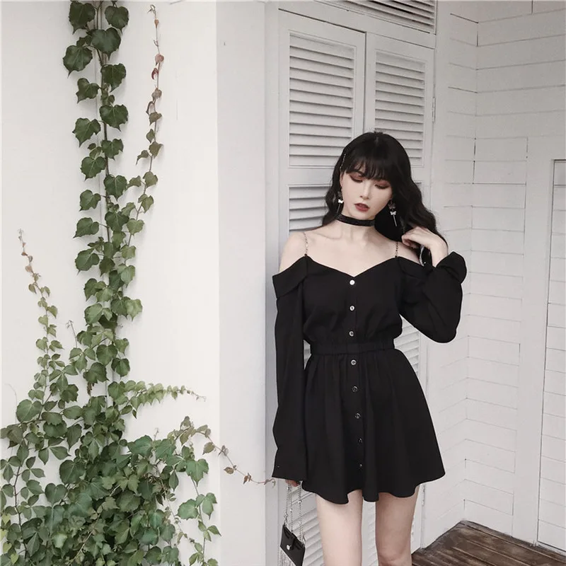 

Vintage New Spring Autumn Gothic Girls Dresses Hollow Out V Collar Sexy Women Sling Dress Long Sleeve A Line Black Punk Dress