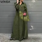 2021 женское платье-рубашка VONDA, повседневные плиссированные однотонные платья с длинным рукавом, свободные богемные блузы с отложным воротником, женский пляжный Сарафан