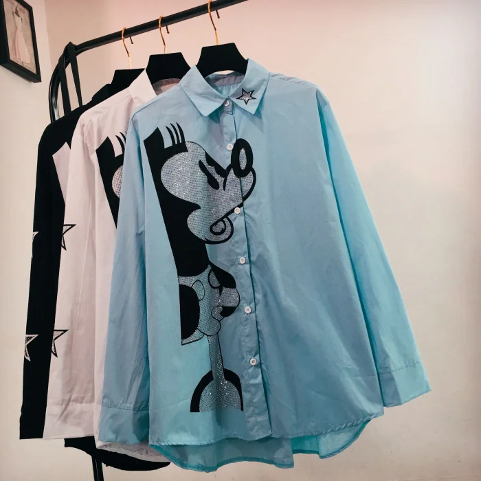 Весенне осенние блузки с вышивкой в виде мышки из мультфильма расшитые блестками