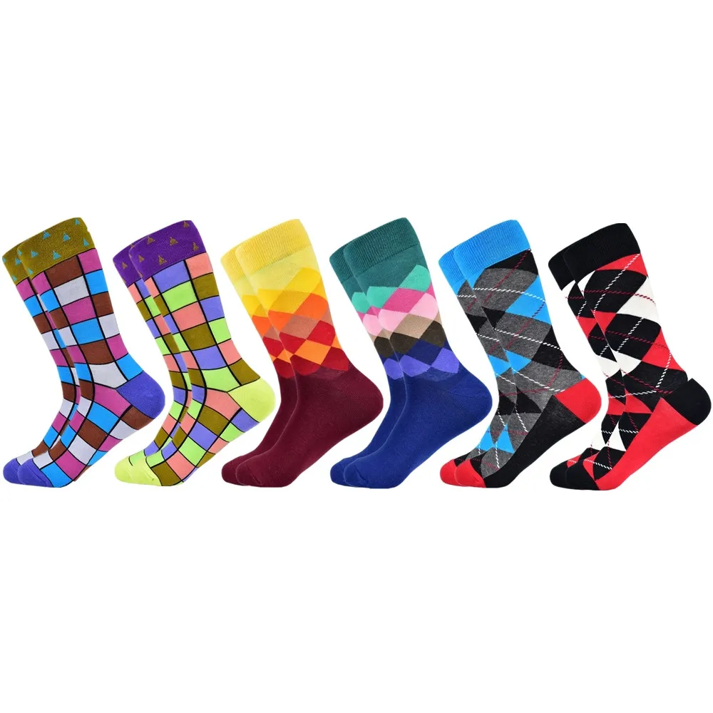 6 pairs socks-6 Популярные мужские носки из чесаного хлопка подарки для мужчин клетчатые геометрические повседневные мужские носки Цветные счастливые мужские носки - Цвет: 6 pairs socks-6
