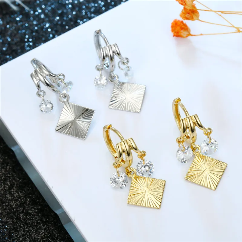 

1Pair Brightly Crystal Laser Square Endless Circle Earrings Women Jewelry Elegant Gold Metal Color Geometric Pendant Earrings