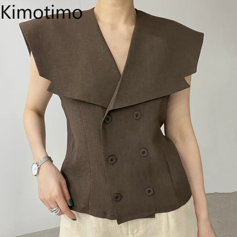 

Kimotimo Vintage Waistcoat Women Korean Chic Big Turn-down Collar Double Breasted Elegant Vest Summer Sleeveless Cardigan Jacket