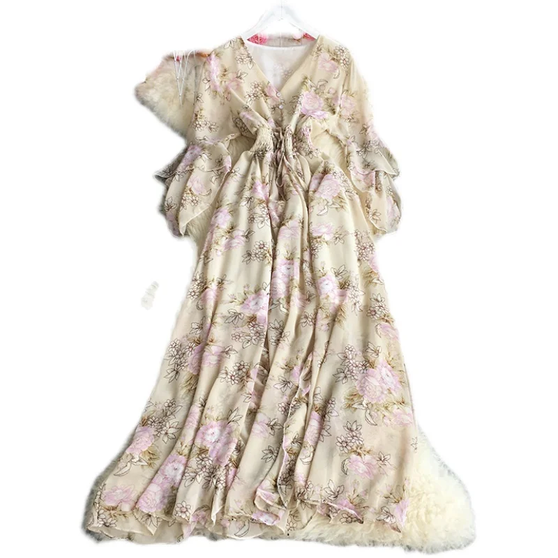 

1789#V-neck floral chiffon dress with trumpet sleeves summer seaside vacation beach with waist and big swing long dress