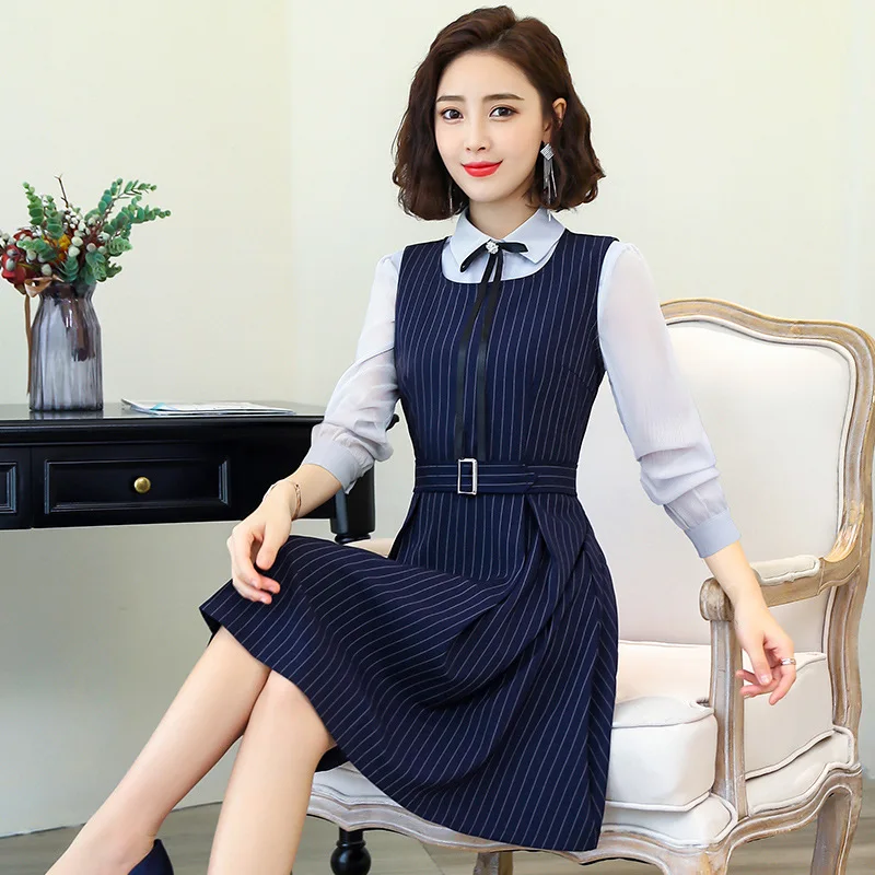 Striped Tank Dress 2 Piece Set White Shirt Midi Knee Round Neck Pleated Professional Work 801840 | Женская одежда