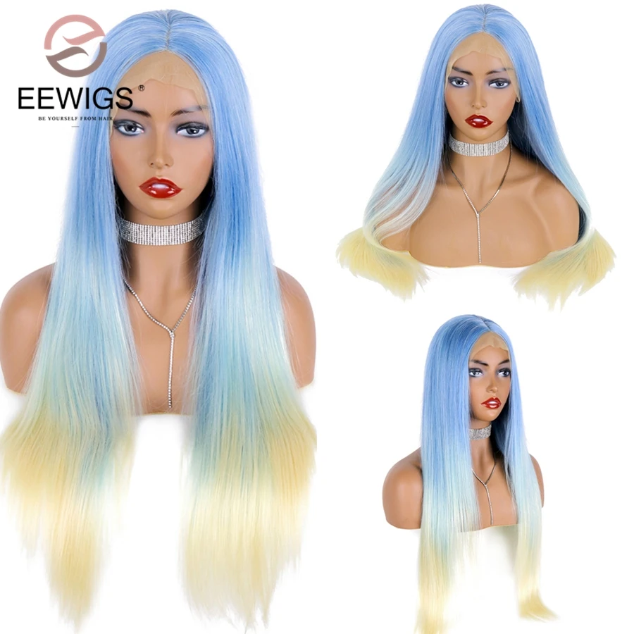 EEWIGS, желтый, Ombre, розовый синтетический парик на кружеве, жаропрочные Длинные прямые парики, высокотемпературные парики для женщин
