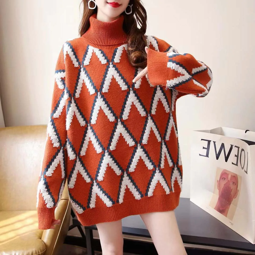 

Argyle Women's Turtleneck Sweater Korean Fashion Winter loose Pullover Top Female Oversized Long Sleeve Knitted Lady Sweaters