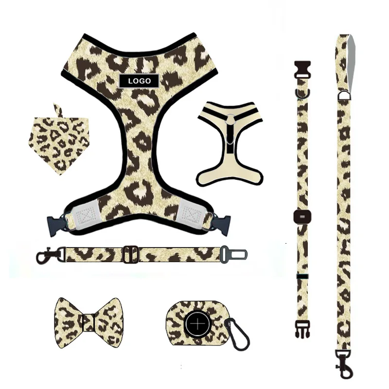 

Pet Collar And Leash Set Fashion Leopard Print Pet Dog Collar Car Safety Seat Belt Bibs 7 Piece Sets Kitten Dog Harness Leash