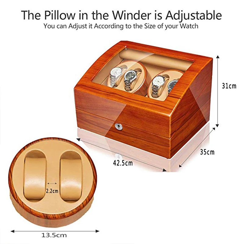 

JQUEEN 4 Automatic Applewood Watch Winder with 6 Storage Case Modes For Mechanical Watch 5 Modes AC adapter Brown PU Leather