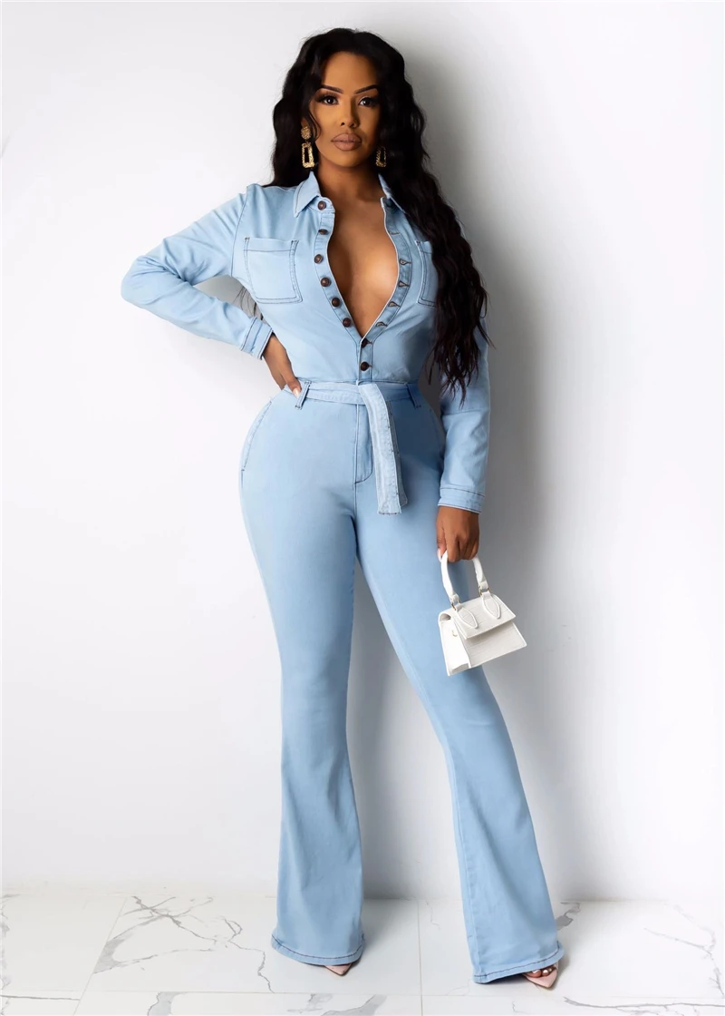 

Adogirl Women Fashion Casual Jeans Jumpsuit with Belt Buttons Turn Down Collar Long Sleeve Shirt Flare Pants Denim Overalls