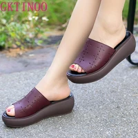 gktinoo 2021 slippers woman cut outs genuine leather summer shoes fashion wedges heels sandals womens slides platform